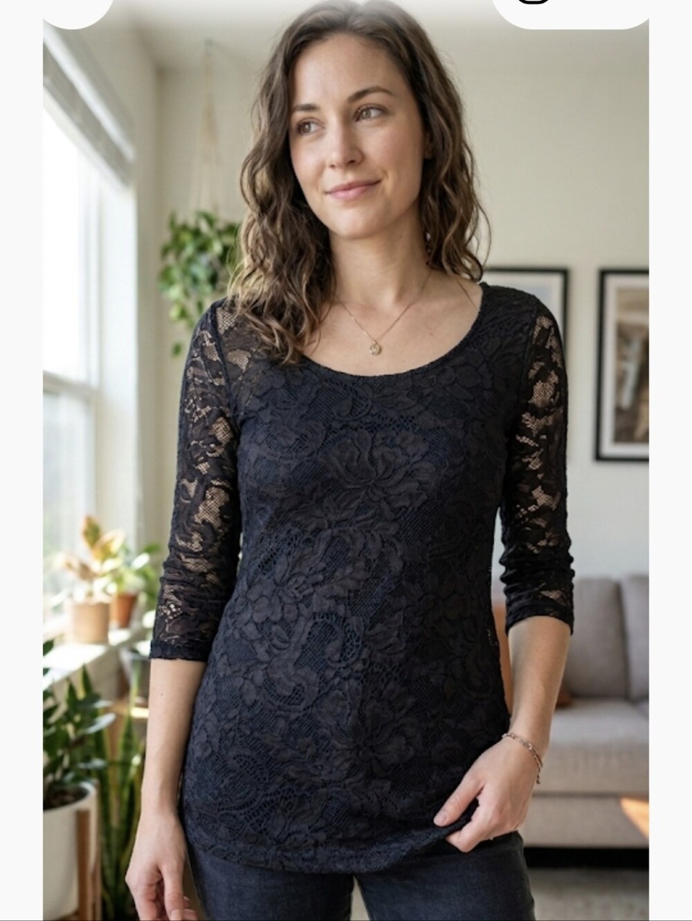Kismet Black Floral Lace Scoop Neck Top 3/4 Sleeve Blouse Size Small